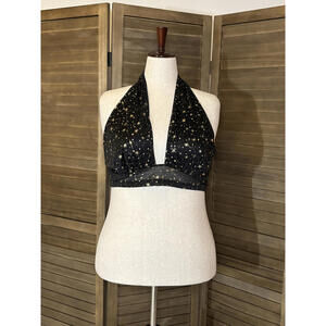 Black Halter Plus-Size Top with Gold Star Print